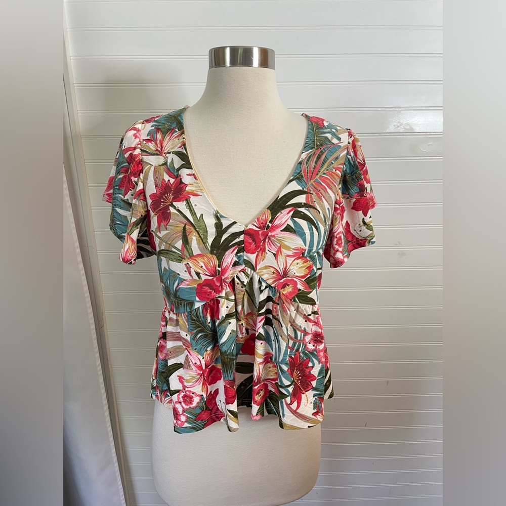 Evolutionary Tropical Floral Eyelet Babydoll Blouse Size Large NWT